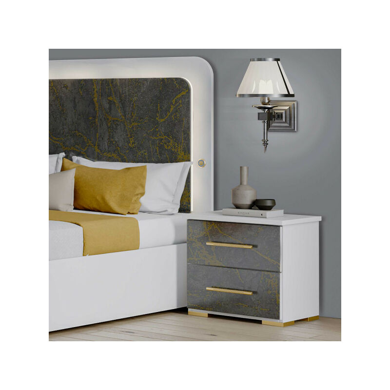 Chevet 2 tiroirs Blanc/Marbre gris brillant - marguerite - l 49 x l 36 x h 47 cm
