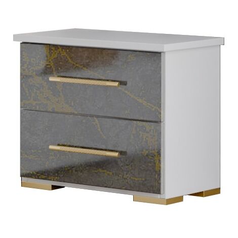 Chevet 2 tiroirs bois blanc et bois gris brillant marbré doré Dova 49cm