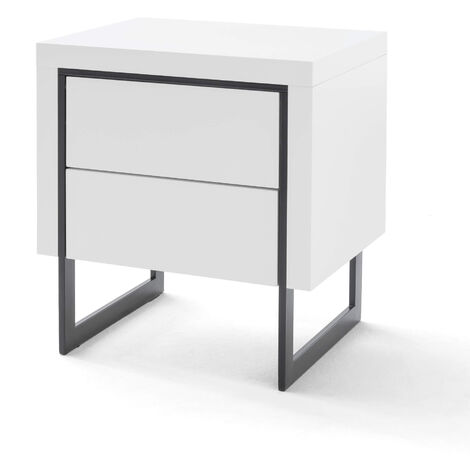 Chevet 2 tiroirs en bois blanc laqué avec pieds noir - CH16006