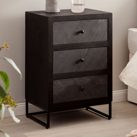 Chevet 3 tiroirs 40x30x60 cm en manguier noir et plastique anthracite