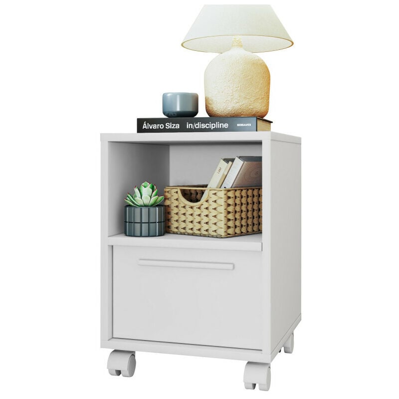 Beaux Meubles Pas Chers - Chevet Blanc 1 Porte 2 Niches Blanc sur Roulettes