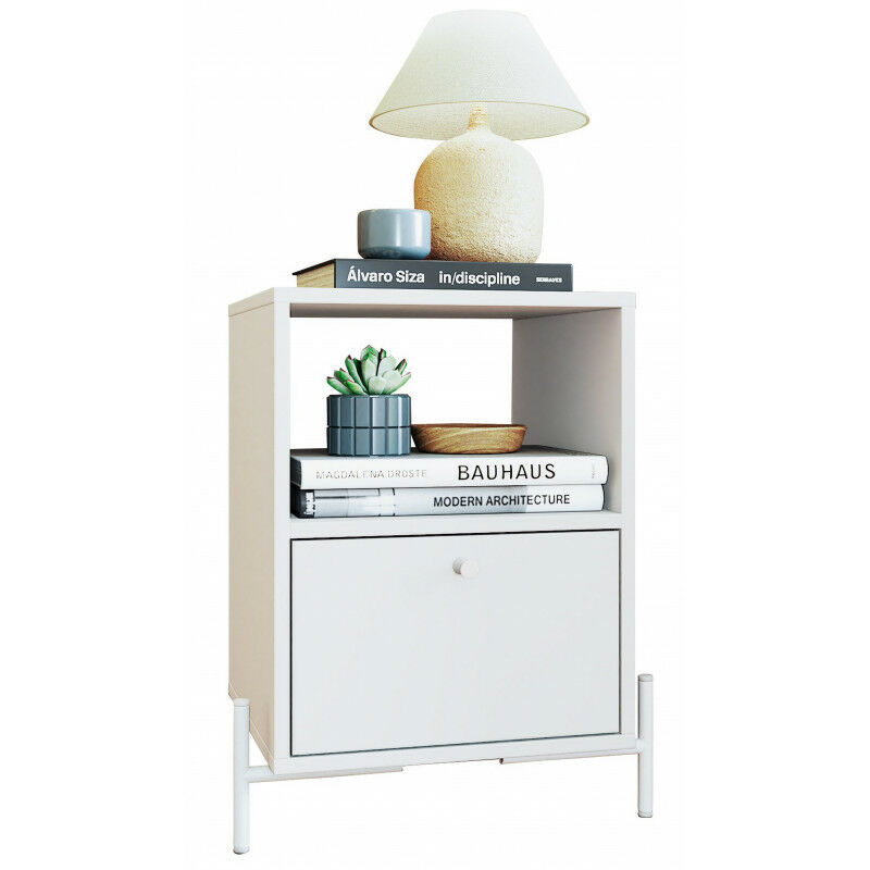 Chevet Blanc 1 Tiroir 1 Niche Pieds Métal L 45 H 56 P 35 cm
