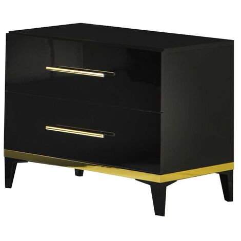 Chevet design 2 tiroirs bois noir laqué et métal doré Diamanto 50cm