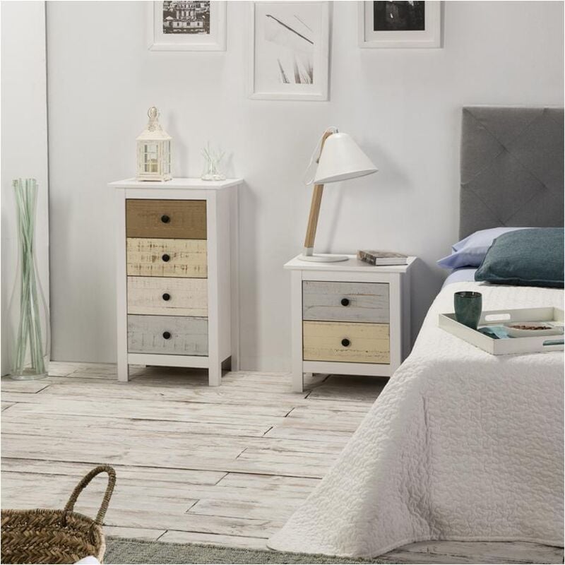 Vs Venta-stock - Chevet magda blanc et tiroirs multicouleurs en pin massif.