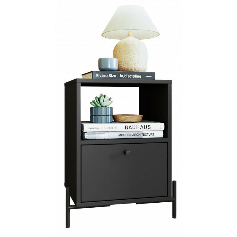 Beaux Meubles Pas Chers - Chevet Noir 1 Tiroir 1 Niche Pieds Métal l 45 h 56 p 35 cm
