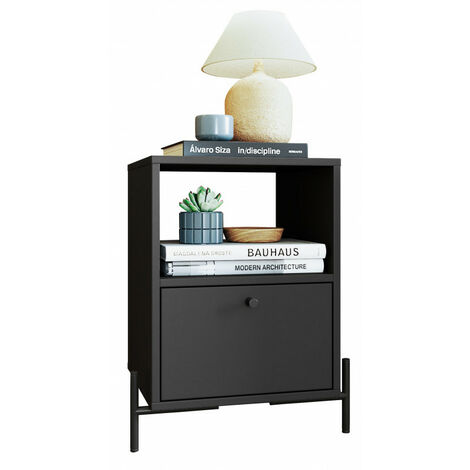 Chevet Noir 1 Tiroir 1 Niche Pieds Métal L 45 H 56 P 35 cm