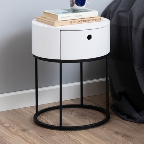 Chevet rond 1 tiroir 40x40x51 cm blanc et noir mat