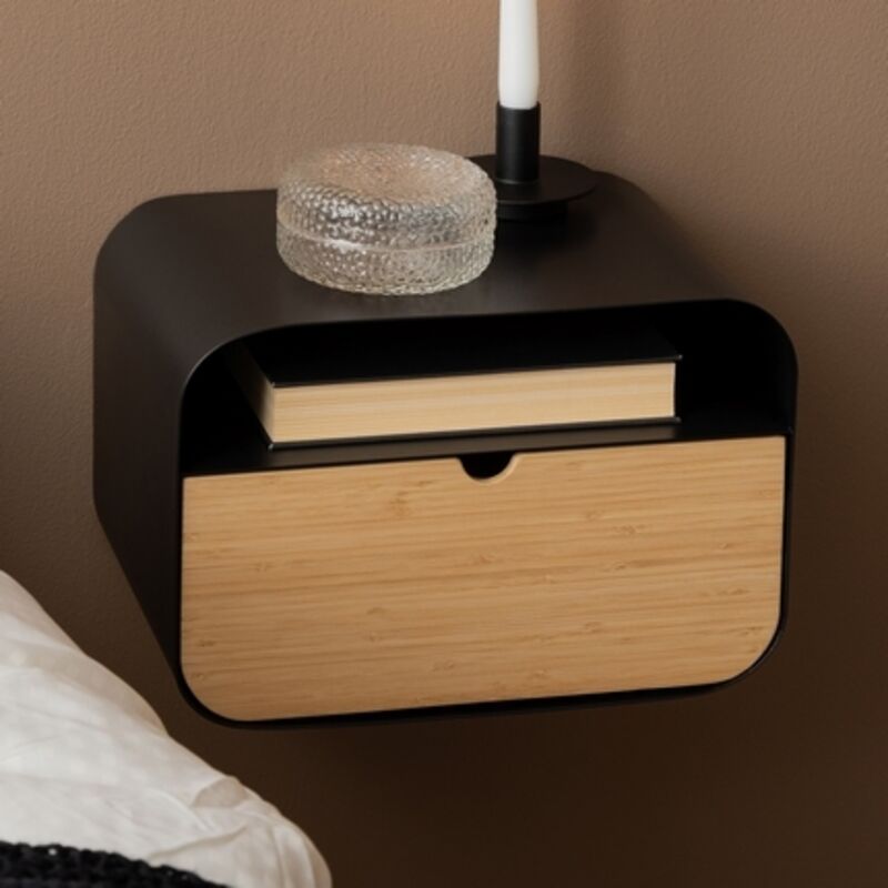 Joliet Wallmounted Bedside Table in Black and Bamboo, none
