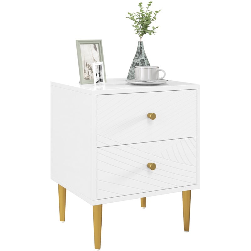 Chevet table de nuit design graphique - 2 tiroirs - piètement poignées métal doré blanc