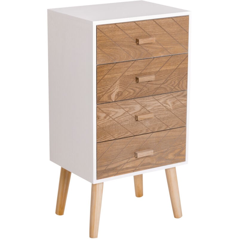 Meuble de rangement chiffonnier design scandinave 40L x 30l x 75H cm 4 tiroirs bois massif pin mdf blanc et hêtre motif graphique