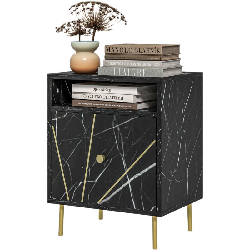 Homcom - Chevet table de nuit design - tiroir, niche - doré aspect marbre noir