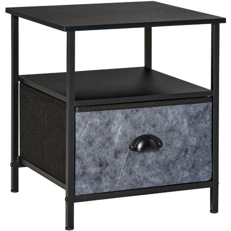Chevet - table de nuit - étagère, tiroir non tissé façade aspect marbre gris foncé - poignée coquille métal - châssis acier, plateau aspect bois noir - Gris