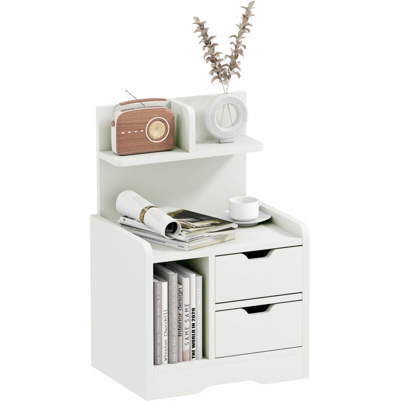 Chevet table de nuit multi-rangement 2 tiroirs niche étagère plateau panneaux particules blanc