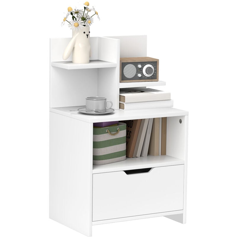 Chevet table de nuit multi-rangement tiroir niche plateau 2 étagères aspect bois blanc