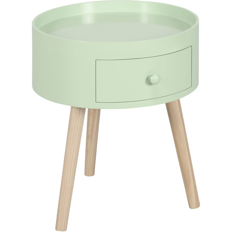 Chevet table de nuit ronde design scandinave tiroir bicolore pieds effilés inclinés bois massif chêne clair vert