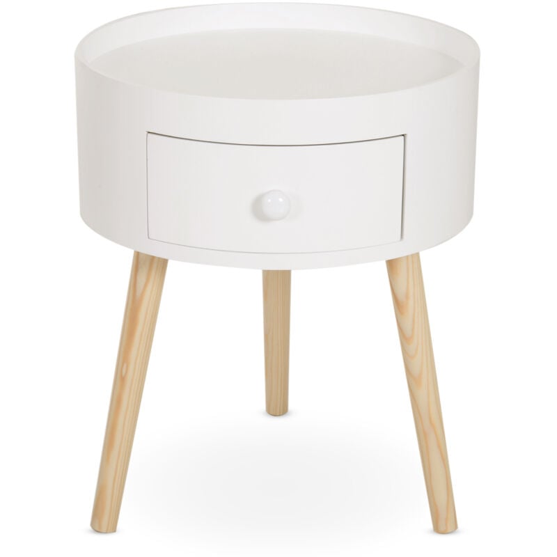 Chevet table de nuit ronde design scandinave tiroir bicolore pieds effilés inclinés bois massif chêne clair blanc