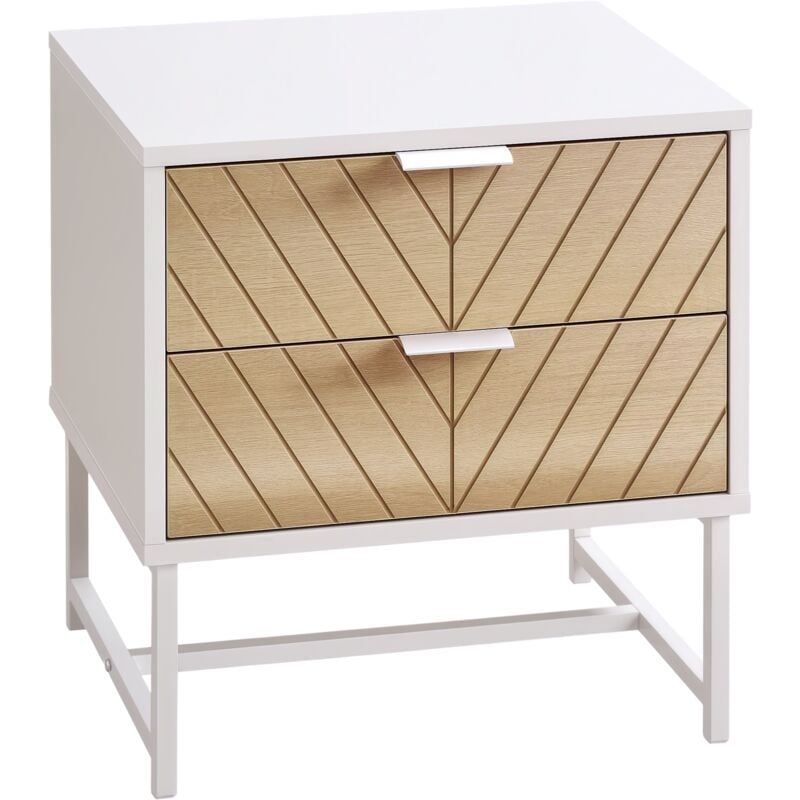Chevet table de nuit style graphique - 2 tiroirs façades chevrons - acier blanc aspect bois clair