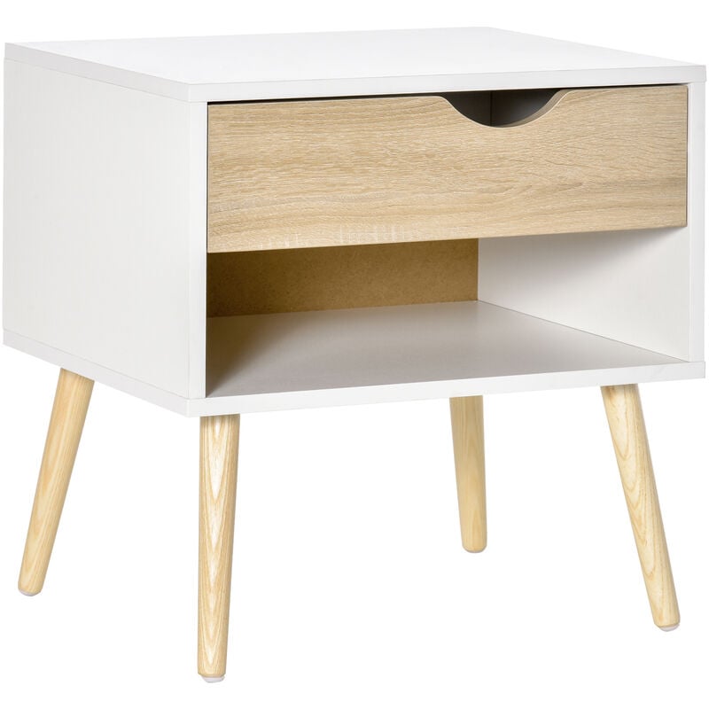 Chevet table de nuit tiroir niche design moderne panneau de particules classe E1 pieds en bois massif 50 x 39 x 51 cm bois de chêne blanc