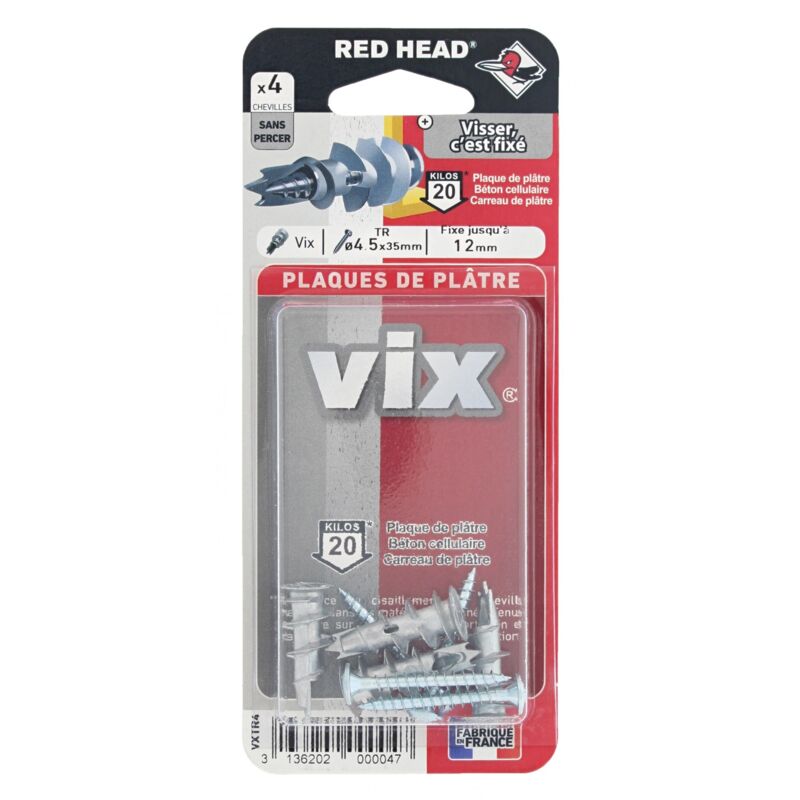 Cheville autoforeuse - lot de 4 - VIX + vis t&ecirc;te ronde