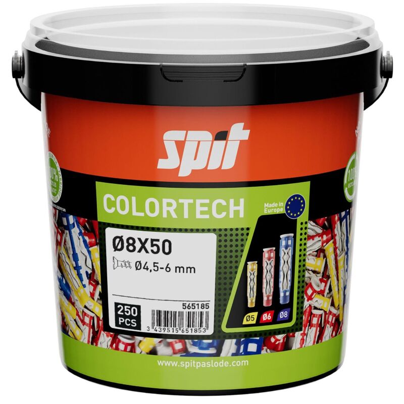 Cheville bi-matière universelle Colortech - 8 x 50 mm - Sans vis - Seau de 250 pièces Spit 565185