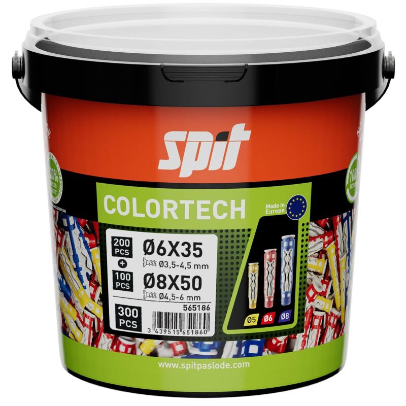 Cheville bi-matière universelle Colortech - 6 x 35 mm + 8 x 50 mm - Sans vis - Seau de 300 pièces Spit 565186