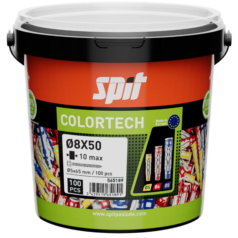 Cheville bi-matière universelle Colortech - 8 x 50 mm - Avec vis tête hexagonale - Seau de 100 pièces Spit 565189