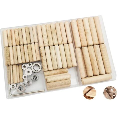 Cheville en Bois, Assortiment de Tourillon Bois, 6mm/60 pcs, 8mm/34 pcs,10mm/22 pcs Tourillon Bois, 6 pcs Pointe de Centrage et 3 pcs Butée de Profondeur, avec clé hexagonale