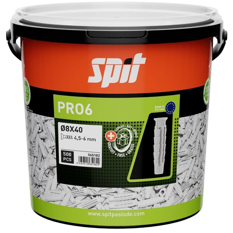 Cheville nylon PRO6 - 8 x 40 sans vis - Seau de 500 Spit 565182