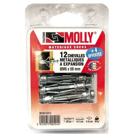 Cheville pour support creux 6x50mm – Vis M6 – Pour cloison sèche et brique creuse jusqu'à 45mm – Lot de 16 unités – Molly