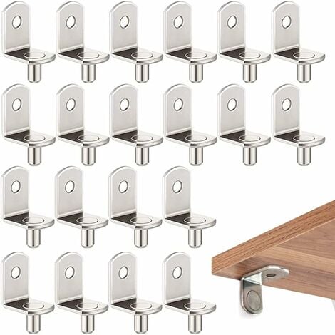 Chevilles de support d'étagère 20 Pcs en métal en forme de L de 5mm pour étagères en verre de bois de bibliothèque d'armoire Supports, support d'étagère plaqué nickel chevilles avec trou，Fontainebleau