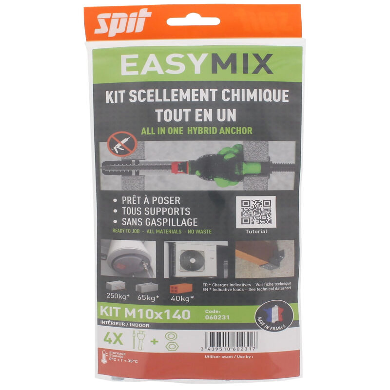 Cheville Spit easymix M10x140/30 Blister de 4 pièces D16mm multiples matériaux