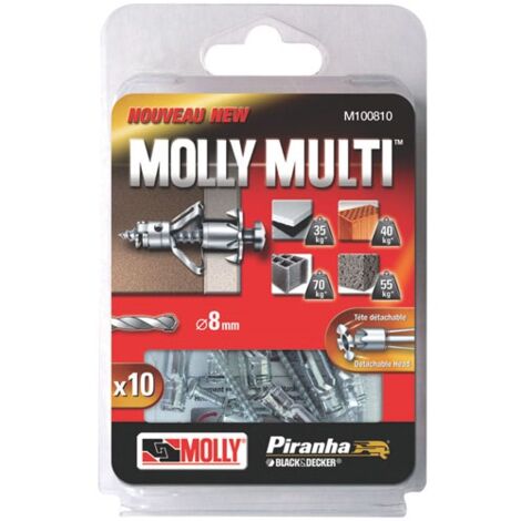Chevilles métal molly multi 4x37 – Lot de 10 avec vis – Charge max 70 kg pour parpaing – Compatible plaques de plâtre jusqu'à 13 mm