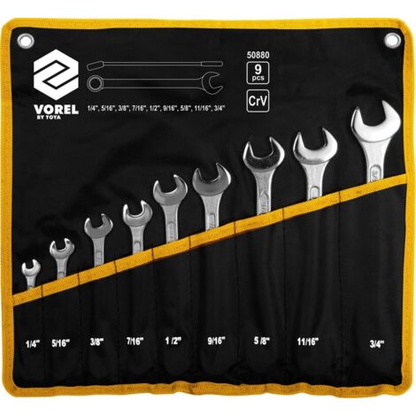 Chiavi a forchetta, crv, pollici 1/4""""-3/4"""", set da 9 pezzi 50880 VOREL