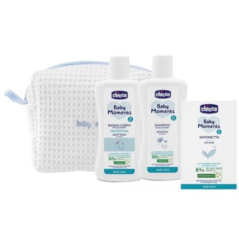 Chicco Baby Moments Beauty Bag Con Zip Azzurro - Bagnoschiuma 200 Ml + Shampoo 200 Ml + Saponetta 100 G