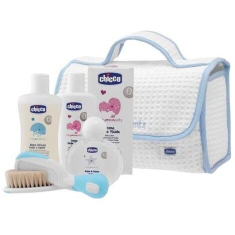 Chicco Baby Moments Beauty Case Con Maniglia Azzurro - Acqua Di Colonia 100 Ml + Bagno Delicato Corpo E Capelli 200 Ml + Crema Corpo 200 Ml + Spazzola E Pettine