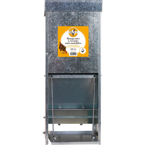 Mangeoire à trémie anti-nuisibles galvanisée 15 L – Système d'ouverture automatique – Pour 10 poules – Résistante à la rouille – Chick'A