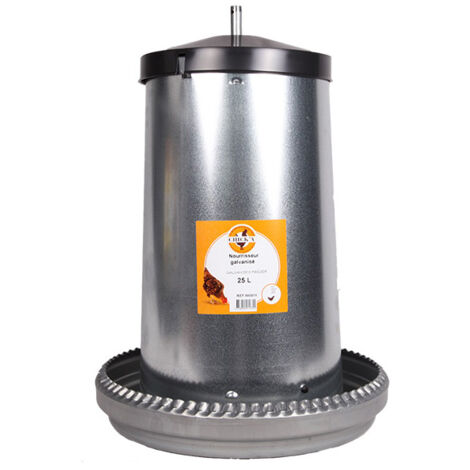 Chick'A – Nourrisseur à trémie émaillé 25 L – Métal galvanisé traité – Pour 17 poules – Débit réglable avec crémaillère