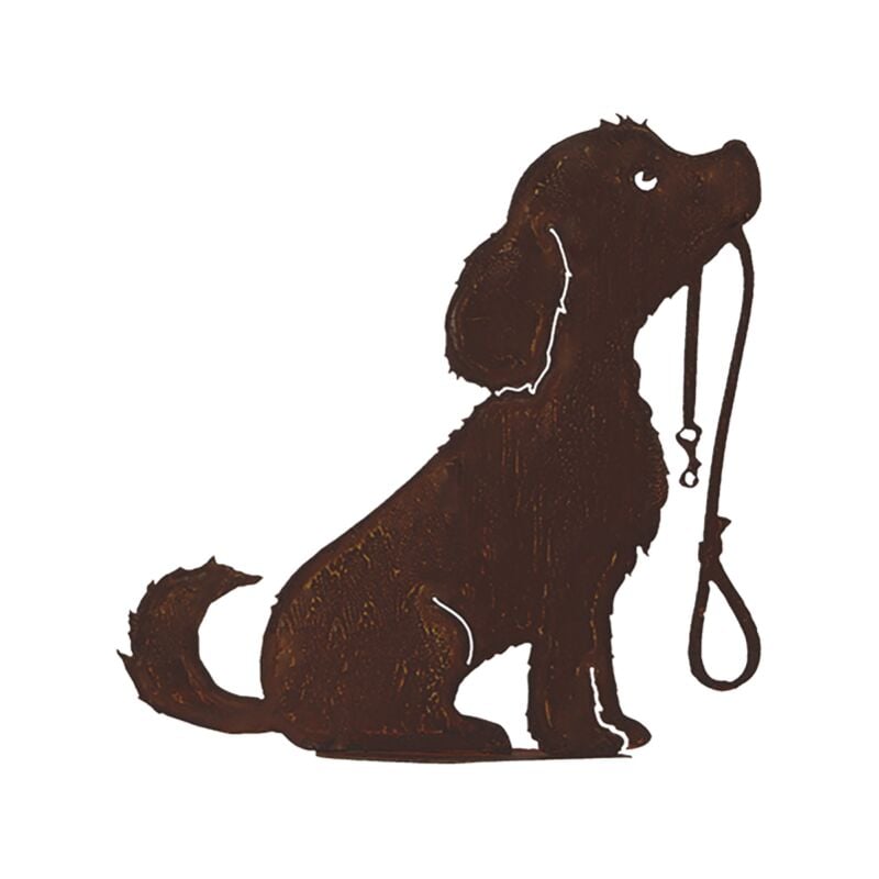Chien avec laisse métal rouillé : Figurine décorative de jardin - Rouille