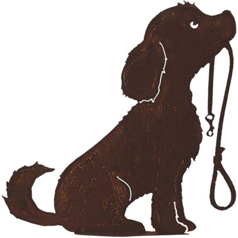 Chien avec laisse métal rouillé : Figurine décorative de jardin - Rouille