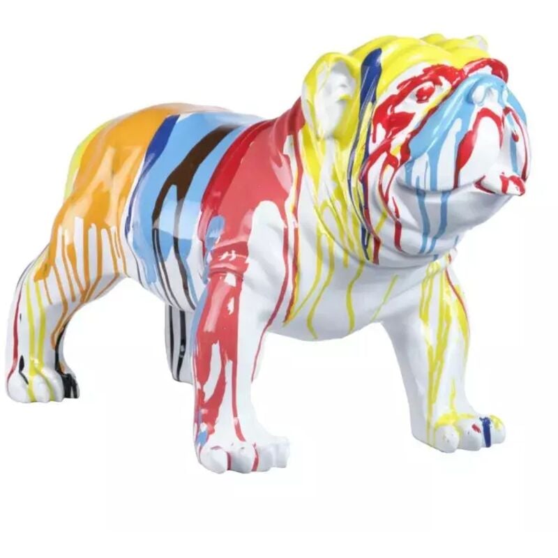Meubletmoi - Statue chien avec coulures peintures multicolores H38 cm - bulldog 03