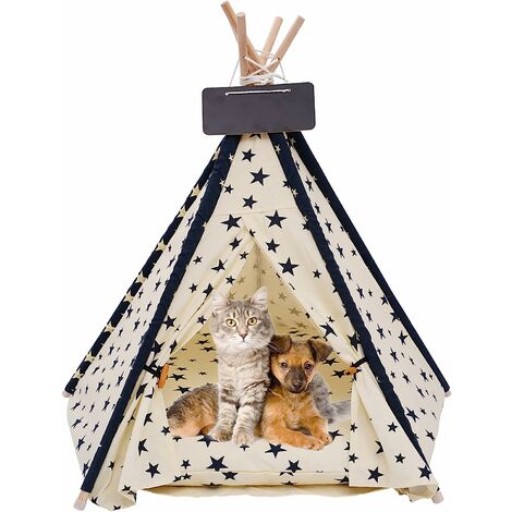 Chien Tente Tipi pour Animaux, Chien Maison avec Coussin Lit Lavable Amovible, Niches à Chien, Pet Dog Jouer Tente, Assemblage Facile, Intérieur Extérieur, Bleu, 605050 (Blanc)