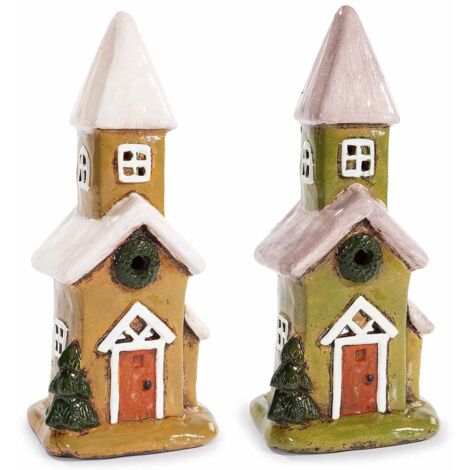 Chiesette natalizie portacandela in terracotta lucida set 2 colori 10,5x8,5x23,5 cm