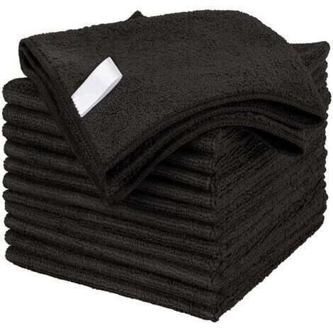 Chiffon de Nettoyage en Microfibre, Serviettes Tout Usage, sans stries, Paquet de 12, Noir, Taille 30x30cm