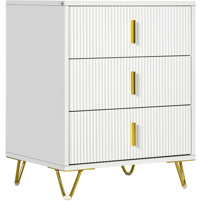 Chiffonnier 3 tiroirs style art déco effet cannelé métal doré blanc