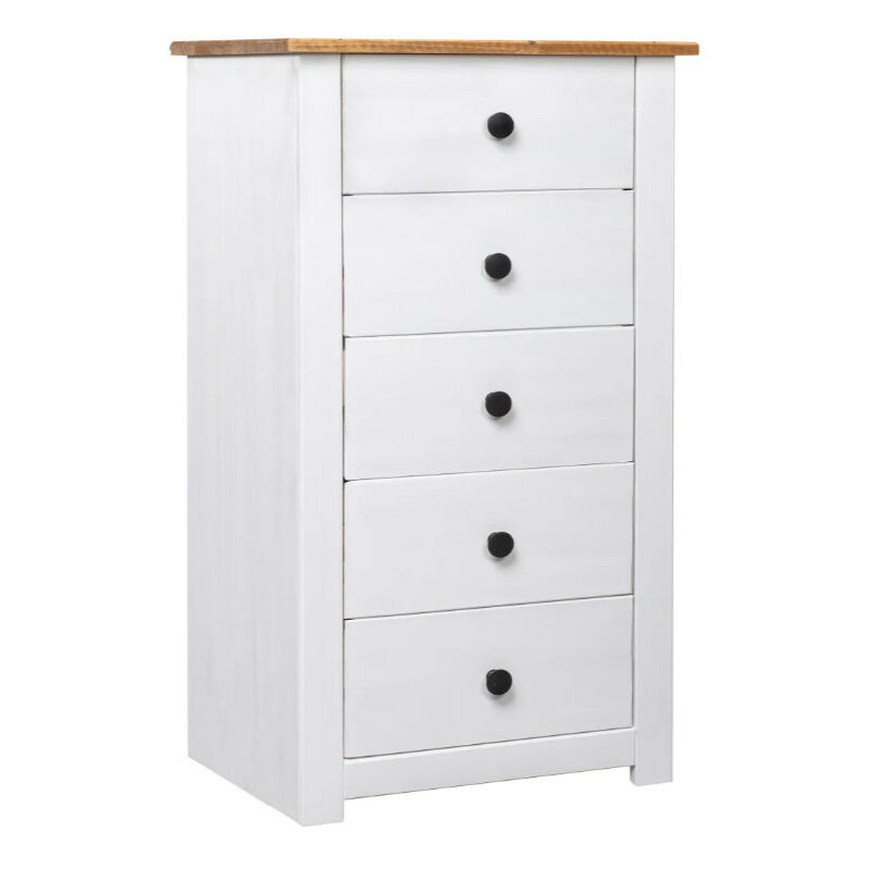 Chiffonnier 5 tiroirs en bois de pin massif Autika 46cm – Élégance rustique et praticité-Blanc