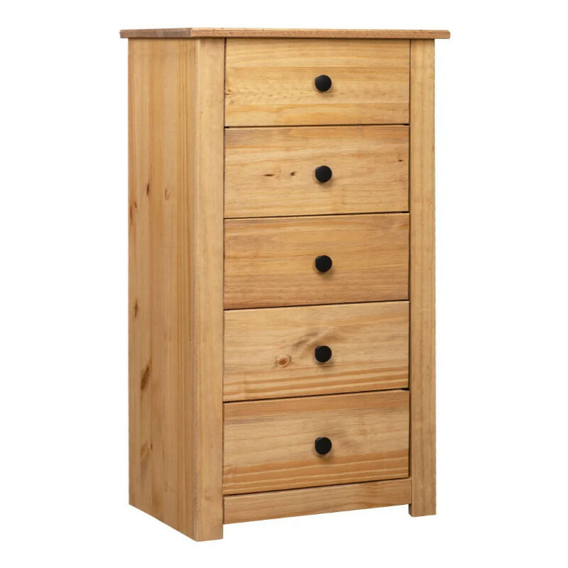 Les Tendances – Chiffonnier 5 tiroirs pin massif clair – Dimensions 46x40x89 cm – Finition vernie – Poignées en métal mat pour style moderne