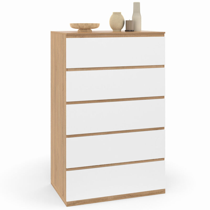 Chiffonnier 5 tiroirs tomi 60 cm commode semainier bois façon hêtre et blanc