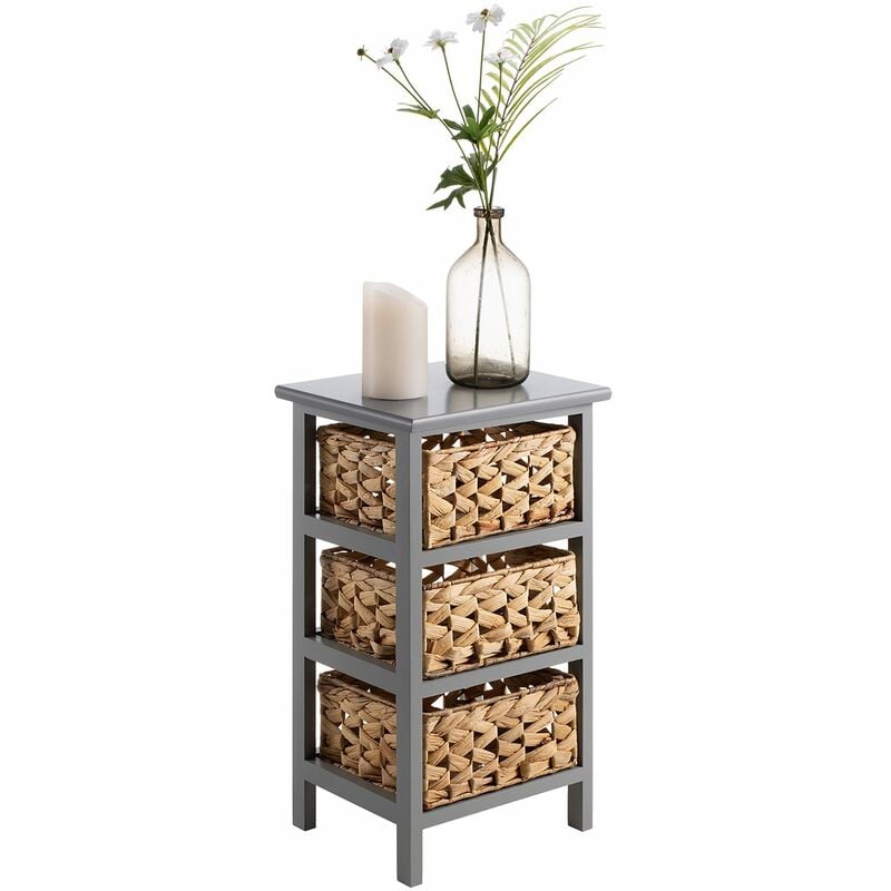 Chiffonnier arbo petite commode en bois de paulownia gris, avec 3 paniers tressés en jacinthe d'eau, style maison de campagne - Gris