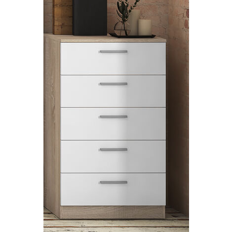 Chiffonnier avec 5 tiroirs coloris chêne cambrian/blanc - Longueur 60 x profondeur 40 x hauteur 102,7 cm -PEGANE-