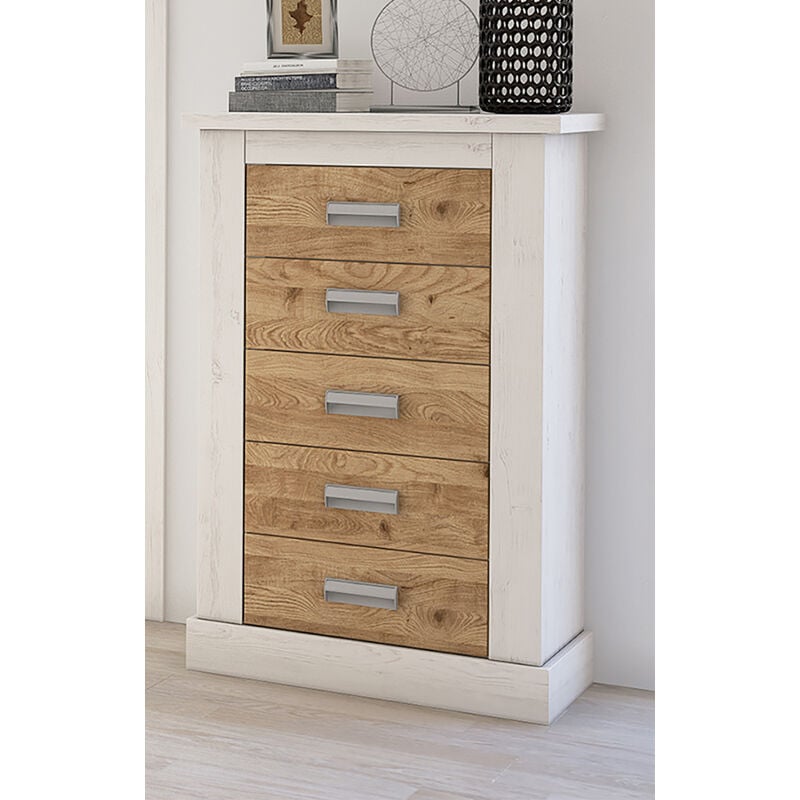 Chiffonnier avec 5 tiroirs coloris Chêne, pin andersen - Longueur 66 x Profondeur 39,6 x Hauteur 107 cm Pegane